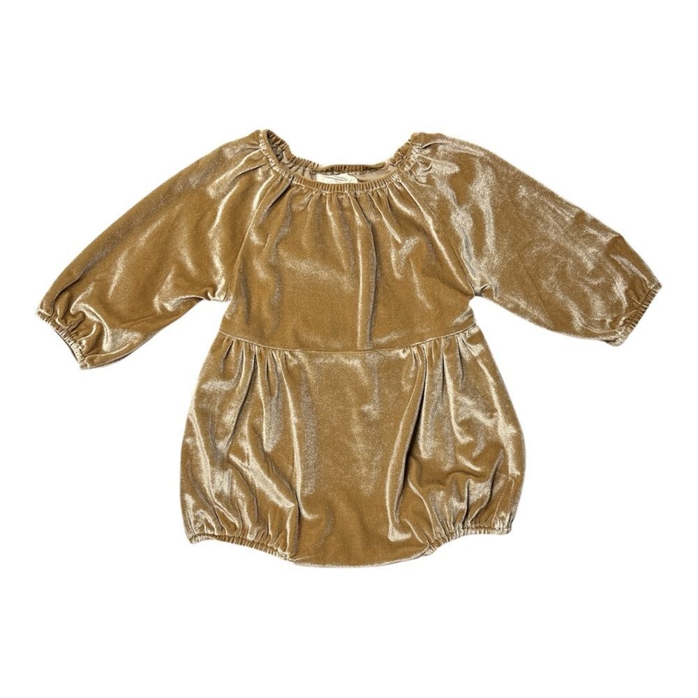 Vignette Daisy Velvet Bubble Romper in gold.